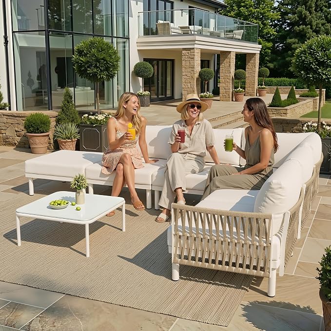 7-Piece Aluminum Modern Outdoor Sectional Sofa with Coffee Table - Weather-Resistant 31" Deep Seating Patio Conversation Set, 5.1" Thick Removable Cushions for Deck, Porch & Backyard, Beige