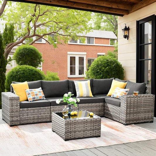 ovios 6 Pieces Patio Furniture Set, Outdoor Wicker Sectional Sofa with Coffee Table Comfy Cushions, Modern Modular Deep Seat Couch Rattan Conversation Set, Black