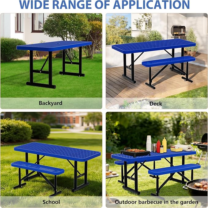 6FT Picnic Tables for Outdoors,Blue Rectangular Heavy Duty Commercial Picnic Table with Umbrella Hole,Weather-Resistant Camping Table Dining Table for Backyard, Patio, Garden, Shops, Parks