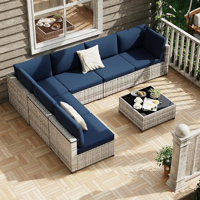 KIGOTY Patio Furniture Set,7 Pieces Modular Outdoor Sectional Sofa, PE Rattan Patio Conversation Set, All Weather Wicker Patio Furniture with Cushions and Coffee Table（Grey White/Dark Blue）