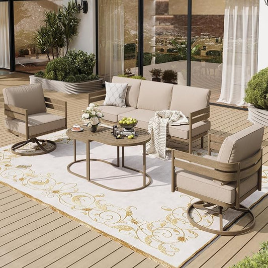 SUNSHINE VALLEY Metal Frame Patio Furniture Set, Wood-Like Modern Outdoor Patio Furniture Set with Cushion, Patio Seating Set with Swivel Chairs, Patio Conversation Set for Backyard Deck