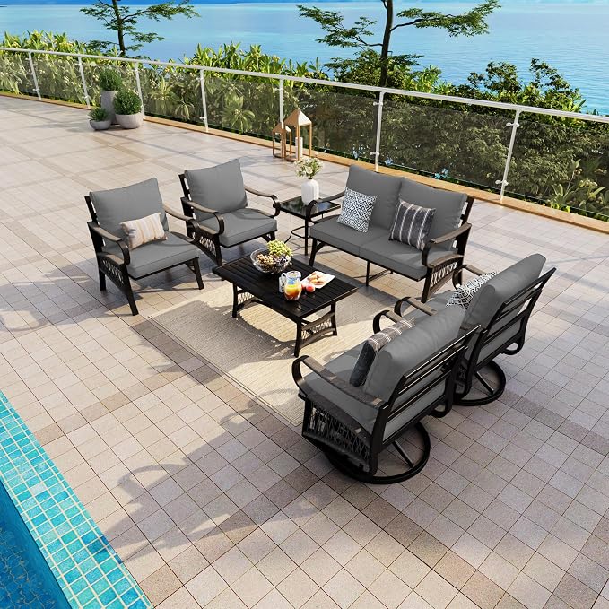 7 Pieces Patio Conversation Sets, All-Weather Metal Swivel Rocking Chairs with Rope Furniture Set, Outdoor Sofa Couch for Deck, Porch, Garden, Backyard, Poolside (Gray Cushions)