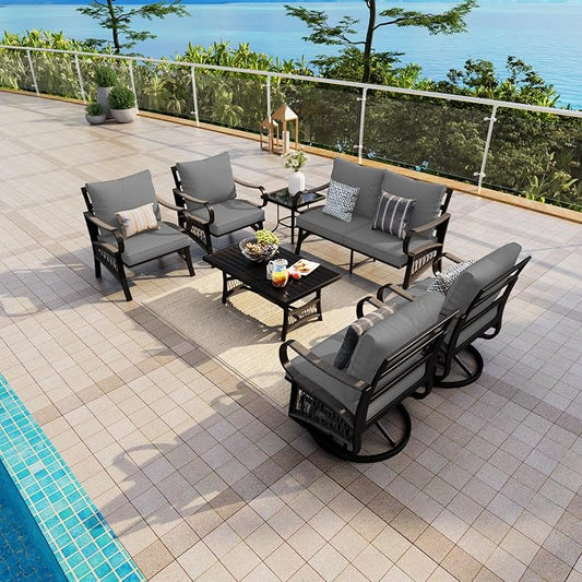 7 Pieces Patio Conversation Sets, All-Weather Metal Swivel Rocking Chairs with Rope Furniture Set, Outdoor Sofa Couch for Deck, Porch, Garden, Backyard, Poolside (Gray Cushions)