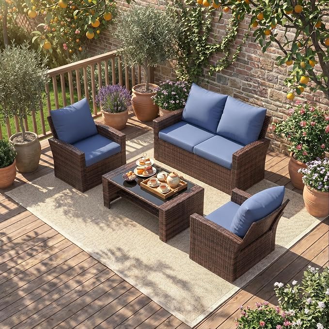 UDPATIO Patio Furniture Set, Outdoor Furniture Sets with Loveseats Sofa, Wicker Rattan Outdoor Conversation Set with Storage CoffeeTable for Backyard, Deck, Porch,Brown/Blue