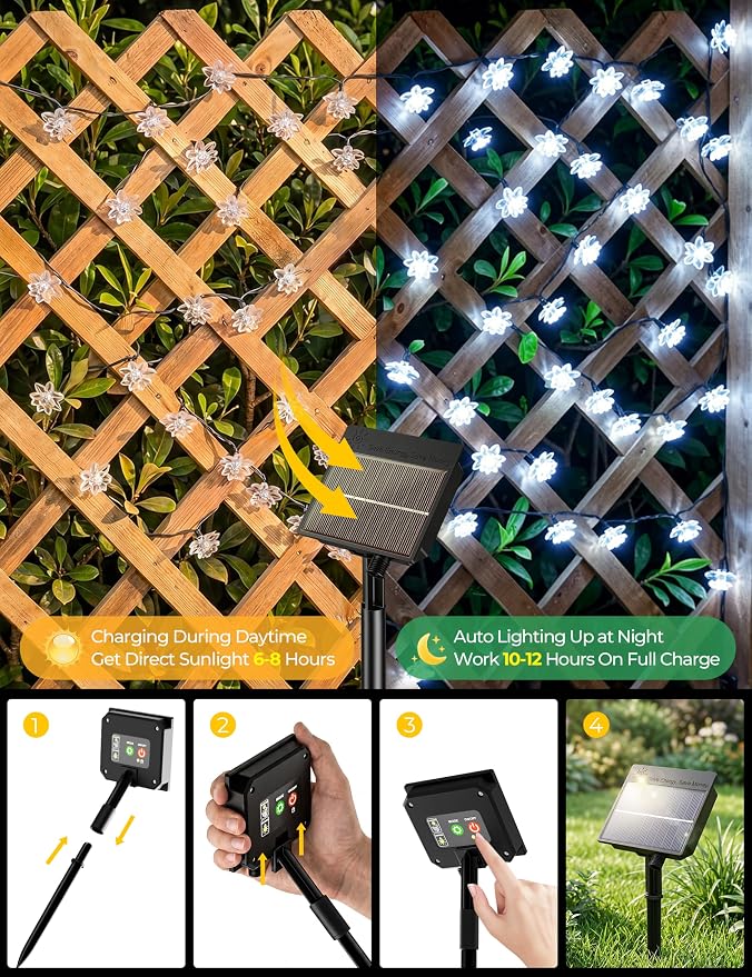 Brightown 50 LED Flower Solar String Lights Outdoor Waterproof, White | Solar Powered Fairy Lights with 8 Modes for Garden Yard Fence Patio Christmas Balcony Holiday Party Decor