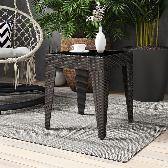 Kinfant Rattan Patio Side Table - Modern Wicker End Table, PE Coffee Table with Glass Top, Weather-Resistant Patio Furniture for Patio, Balcony, Garden, and Poolside (1, Rattan Black)