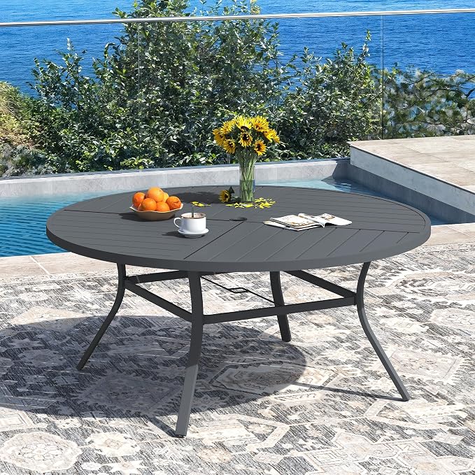 DIFY 59.8" Round Outdoor Patio Dining Table for 8-10, All-Weather Metal Steel Slatted Patio Table with 1.57" Adjustable Umbrella Hole for Garden, Backyard, Deck, Grey