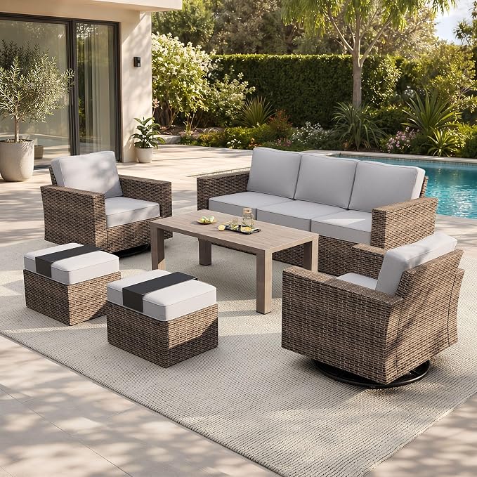 Patio Furiture Set with Swivel Glider Chairs, Outdoor Wicker Conversation Set with 5.5" Thick Cushions, 6 Pieces Deep Seating Outside Sofa Set with 4.92" Wide Armrests for Deck Lawn, Grey