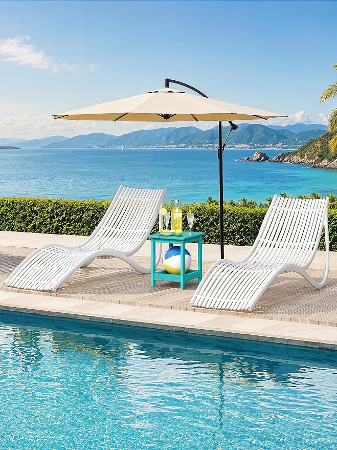 LUE BONA Outdoor Side Table, 2-Tier HDPE Small Outdoor End Table with Rail for Patio, Deck, Poolside, Low Maintenance & Weather Resistant, Aruba Blue