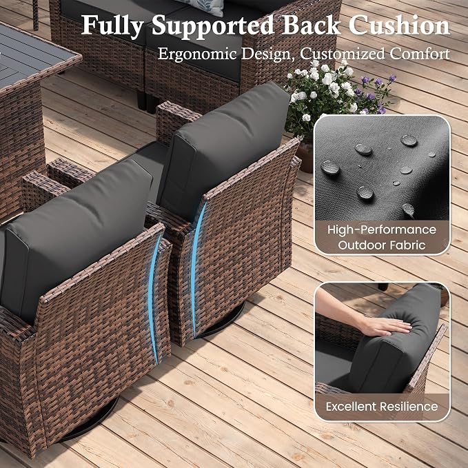 Amopatio Patio Furniture Set with Fire Pit Table, Wicker Outdoor Sectional Sofa with Swivel Rocker Chairs, All-Weather Rattan Conversation Set, Waterproof Cover for Backyard, Deck Brown/Grey 6 PCS