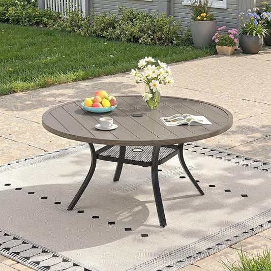 47.2" Patio Dining Table for 6, Round Outdoor Metal Dining Table with Umbrella Hole for Lawn Garden Backyard, Grey