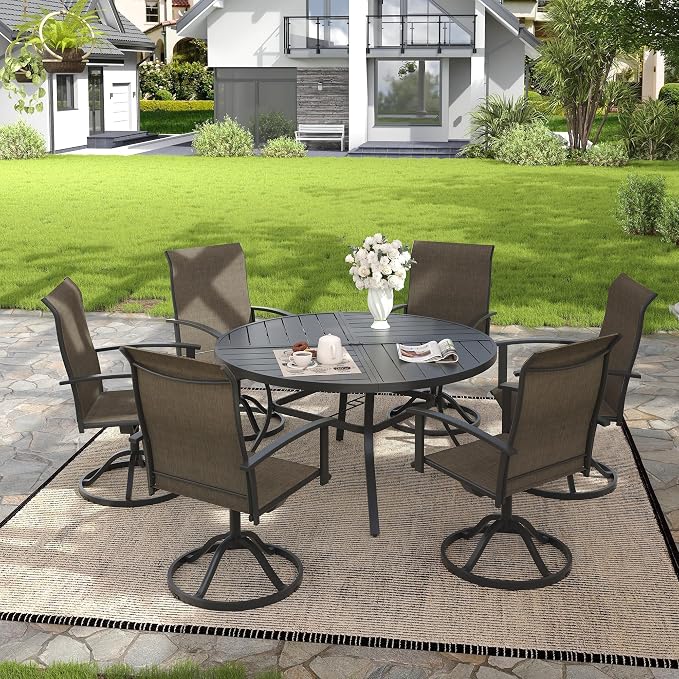 VICLLAX 7 Pieces Patio Outdoor Dining Set, 6 Swivel Textilene Chairs and 50" Round Metal Table with Umbrella Hole for Porch, Deck, Garden, Black/Brown