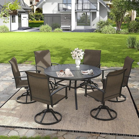 VICLLAX 7 Pieces Patio Outdoor Dining Set, 6 Swivel Textilene Chairs and 50" Round Metal Table with Umbrella Hole for Porch, Deck, Garden, Black/Brown