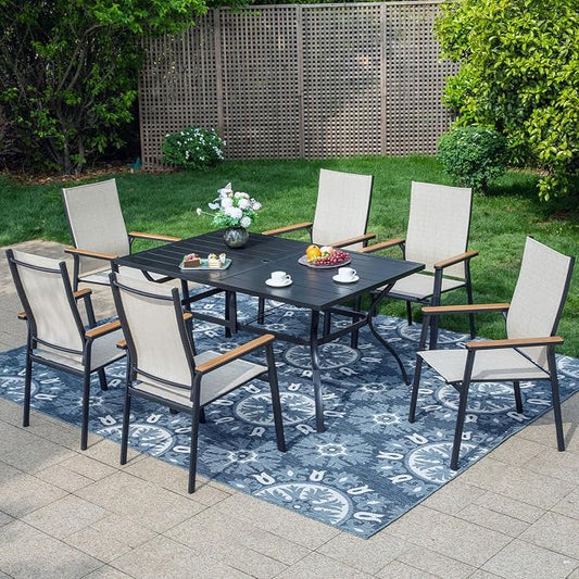 PHI VILLA 7 PCS Patio Dining Set, Aluminum Outdoor Furniture, Patio Table and Chairs for 6, Lightweight Stackable Chairs and Large Metal Dining Table for Garden Yard Deck, Beige