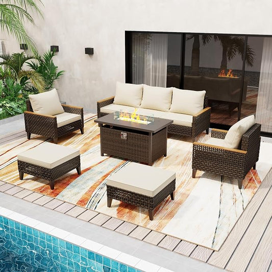 8Piece Patio Furniture Set with 50000 BTU Propane Fire Pit Table, All-Weather Wicker Rattan Outdoor Sectional Sofa Set with High Back and Thick Cushions for Garden, Porch, Poolside, Beige