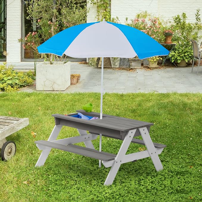 Kids Outdoor Picnic Table with Sand and Water Play, Wooden Activity Table with Umbrella for Backyard Patio Fun