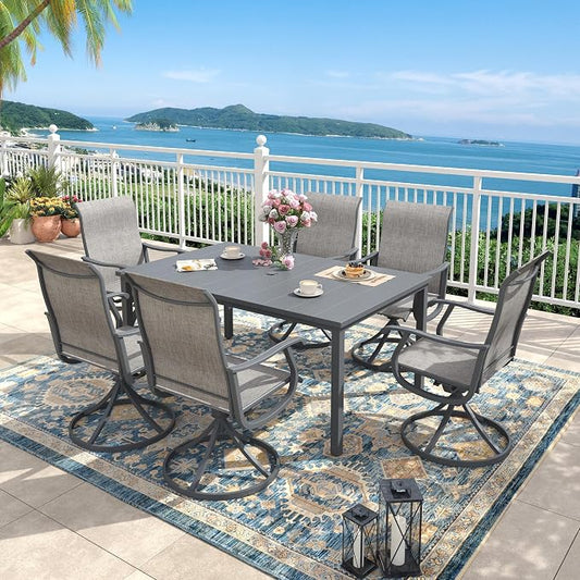 Outdoor Dining Set for 6, 63" Metal Outdoor Dining Table with Umbrella Hole and Sling Patio Swivel Chairs, 7 Pieces Patio Table and Chairs Set for Garden Backyard, Grey and Dark Grey