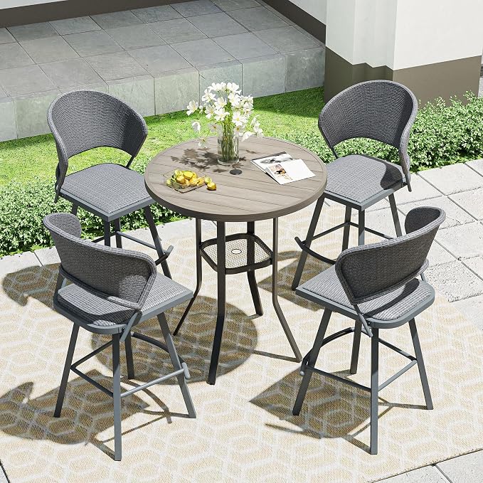 VICLLAX Outdoor Bar Table, 35.4" Wide Round Patio Bar-Height Table Weather Resistant Metal Slatted Tabletop with Umbrella Hole for Front Porch Deck, Backyard, Light Grey