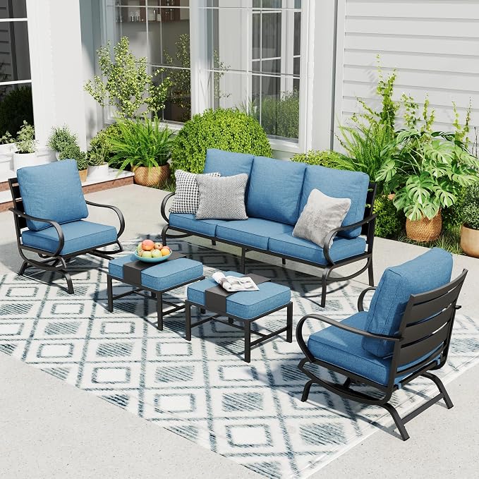 Sophia & William Patio Furniture Sets 5 Seats Outdoor Metal Conversation Sets 5 Pcs with 2 x Cushioned Swivel Sofa Chairs,1 x 3-Seat Sofa,2 x Ottomans for Coffee Lawn Backyard Poolside Navy