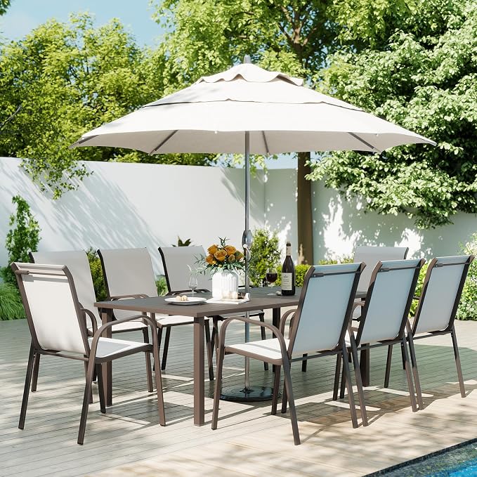 HAPPATIO Outdoor Patio Dining Set, 8 Quick Dry Textilene Dining Chairs and Dining Table with Umbrella Hole, Stackable Textilene Chairs for Garden, Patio and Poolside Backyard, Light Grey
