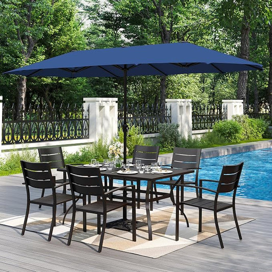 PHI VILLA 7 Pcs Outdoor Dining Set with Umbrella for 6(Blue) | 60" Rectangular Metal Table & Stacking Wrought Iron Chairs & 13ft Blue Umbrella, Outside Large Furniture