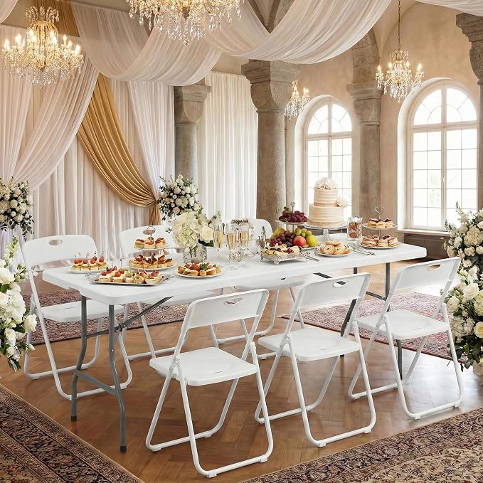 8 FT Heavy Duty Folding Table, Portable Plastic Table with Steel Legs & Carry Handle, Fold-in-Half Design for Indoor Outdoor, Party, Picnic, Camping, Dining (White)