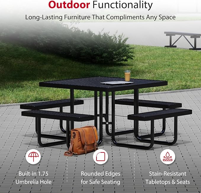Leisure Craft Metal Picnic Table with Bench - 46" Square Outdoor Dining Table for 8 with Umbrella Hole, Weatherproof Heavy Duty Thermoplastic Coating, Commercial Grade Furniture Made in USA - Black