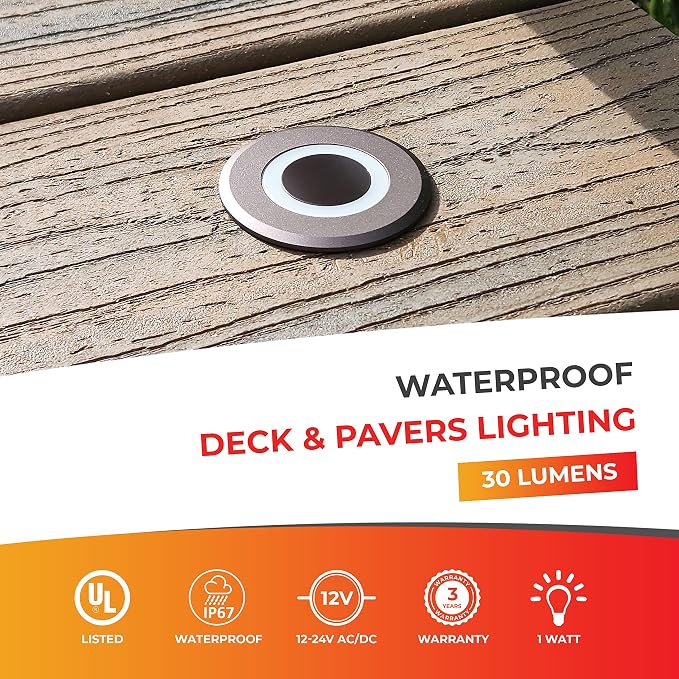 LUMENGY LED In-Ground Paver and Deck Light with Patented Ring Light Effect, 1W, 12V Low Voltage, IP67 Waterproof, for Decks, Driveways, Patios, Steps and Paver Surfaces, Brown Finish, 6 Pack