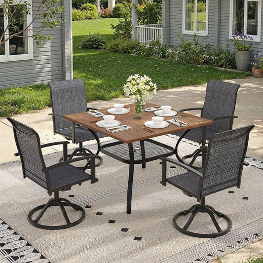 5 Pieces Patio Dining Set, Outdoor Furniture of 37.8" Square Patio Table and Patio Swivel Chairs for Backyard Lawn Garden, Walnut Table and Black Chairs