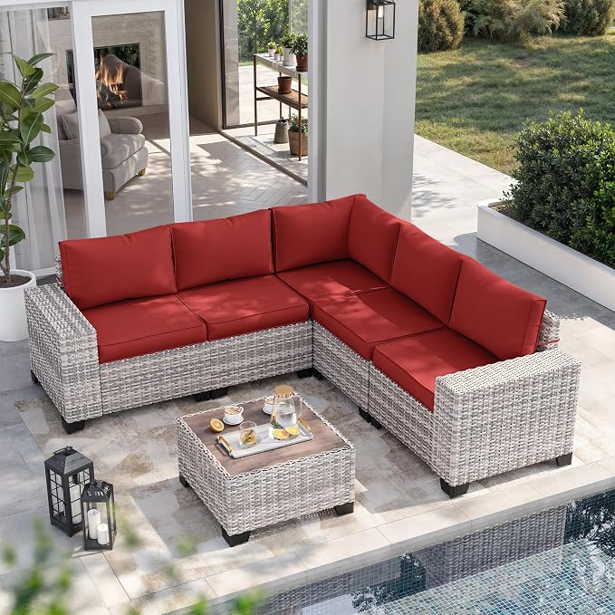 6-Piece Outdoor Patio Furniture Set Wicker Sectional Sofa Set, Patio Conversation Set with Thickened Cushions & Chunky Arms Coffee Table for Garden, Backyard, Poolside, Red