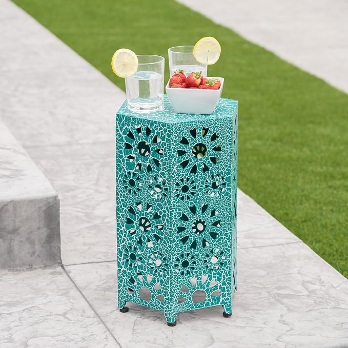 Christopher Knight Home Eliana Outdoor 12" Sunburst Iron Side Table, Crackle Teal