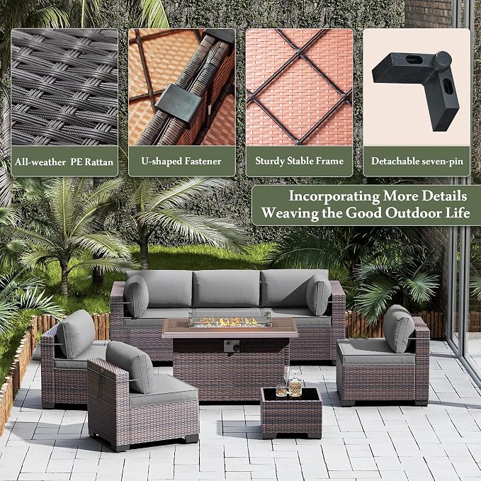 15 Pieces Outdoor Patio Furniture Set,Outdoor Sectional Furniture with 43" 55000 BTU Gas Propane Fire Pit Table,All Weather PE Rattan Wicker Patio Conversation Set,Grey