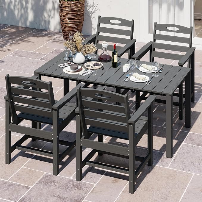 Domi HDPE Outdoor Dining Set, All-Weather 5 Piece Outdoor Dining Table Set with 2" Umbrella Hole, Outdoor Patio Dining Set for Garden, Poolside, Backyard, Deck, Grey