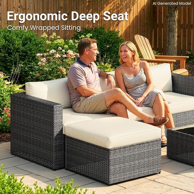 Wisteria Lane 5 Piece Outdoor Patio Furniture Set, All Weather Wicker Rattan Sectional Sofa Conversation Set with Cushions & Glass Coffee Table, Ideal for Porch Garden Balcony Backyard, Beige