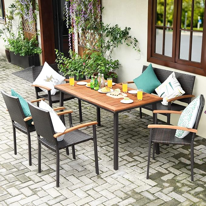 Tangkula 6 Piece Patio Dining Set, Outdoor Acacia Wood Dining Furniture w/Acacia Wood Table Top, Modern Conversation Set w/ 4 Rattan Chairs & 1 Rattan Bench for Backyard Garden Poolside Lawn