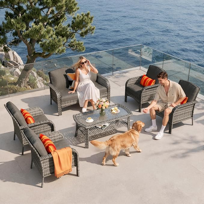 6-Piece Patio Furniture Set, Outdoor Wicker Furniture with Coffee Table, All Weather High Back Loveseat Patio Chairs, Modern Rattan Outdoor Chairs Conversation Set for Porch, Balcony, Garden,Black