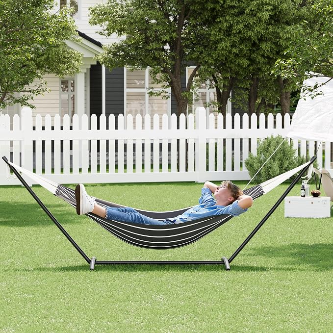 Double Cotton Hammock with Steel Stand for Outside, Brazilian Style 450lbs Capacity Portable Indoor Outdoor Lounger with Carry Bag, 2-Person Capacity, Ideal for Backyard, Garden, Camping, Onyx
