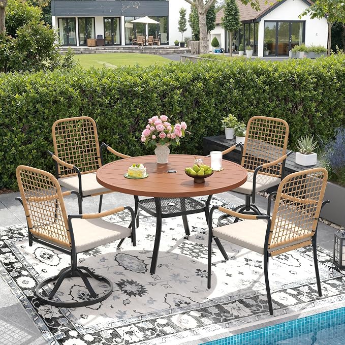 DIFY 5 Pieces Outdoor Dining Set for 4, Patio Furniture Set of 4 Wicker Patio Chairs with Soft Cushions and 40.6" Walnut Round Metal Table with Umbrella Hole, for Backyard Garden Deck, Wheat Rattan