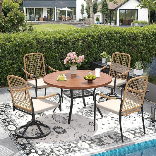 DIFY 5 Pieces Outdoor Dining Set for 4, Patio Furniture Set of 4 Wicker Patio Chairs with Soft Cushions and 40.6" Walnut Round Metal Table with Umbrella Hole, for Backyard Garden Deck, Wheat Rattan