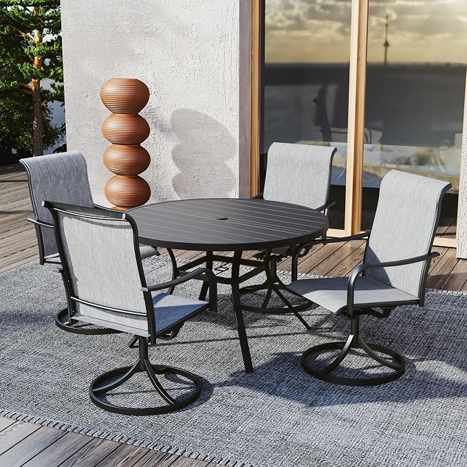 Patio Grey High Back Swivel Chairs, 48" Round Table Dining Set of 5 Style2 | 4 Piece Swivel Chairs: High Back, Curved Armrest, Textilene Fabric, Rocking; 48 inch Metal Round Table, All Weather