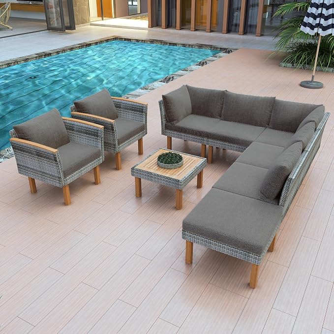 VilroCaz 9-Piece Outdoor Patio Sectional Sofa Set, PE Rattan Conversation Sofa Set with Acacia Wood Legs, Modern All Weather Outdoor Garden Furniture Set with Comfortable Cushion and Coffee Table