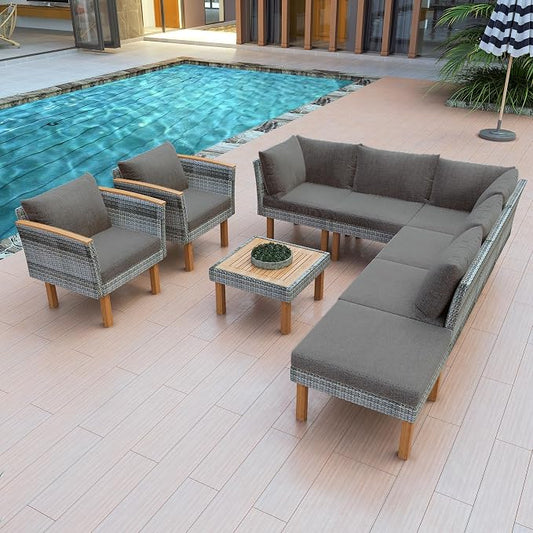 JIVOIT 9-Piece Outdoor Patio Furniture Sets, PE Rattan Wicker Sofa Set with Acacia Wood Tabletop Coffee Table and Wood Legs, Armrest Chairs, Sectional Sofa Set (Nature+Gray Cushions 02)