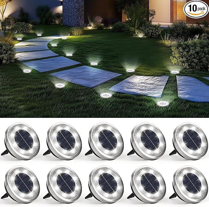 SOLPEX 10 Pack Solar Ground Lights Outdoor, Backyard Decor Cool White | IP65 Waterproof Stainless Steel Landscape Lighting for Walkway, Driveway, Pathway, Garden, Patio