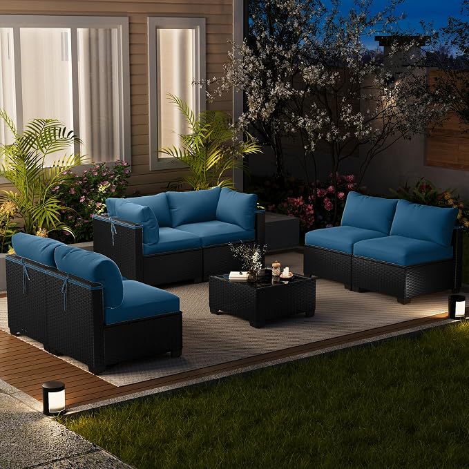 LOUVIXA 7 Piece Outdoor Patio Furniture Set, Outdoor Sectional Sofa, Wicker Rattan Patio Furniture, Patio Conversation Set with Coffee Table & Cushions