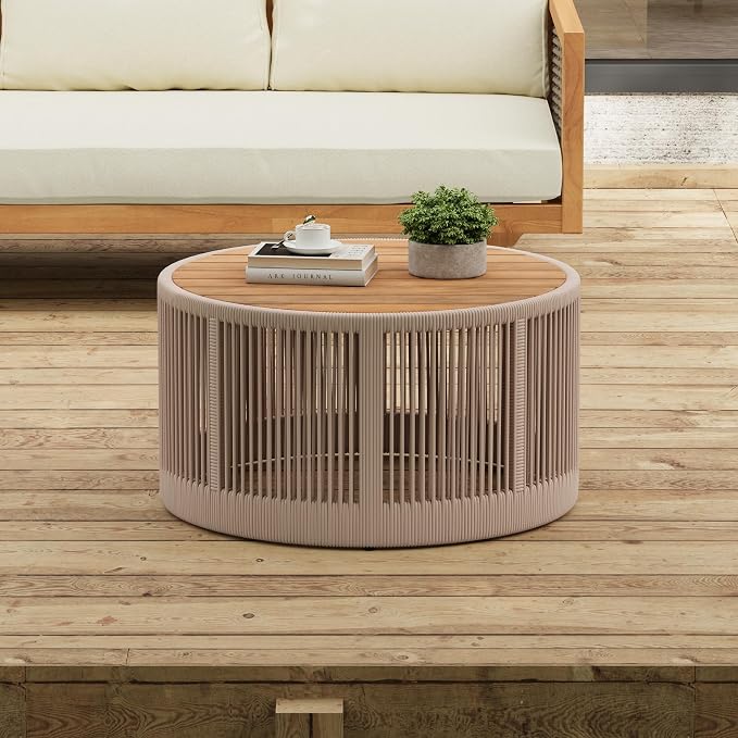 Outdoor Rattan Coffee Table with Solid Acacia Wood Tabletop, Patio Round Coffee Table Side Table (Beige)