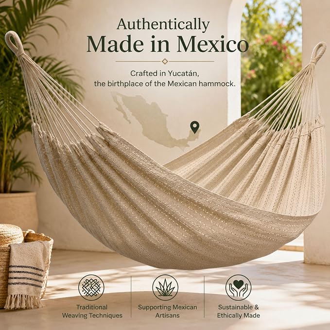 Hammock for 1-2 Person, 475 lbs Capacity – Handwoven Mexican Hammock, 100% Soft Cotton – 9.8 ft Mayan Hammock for Patio, Backyard, Indoor & Camping – Medium, Beige