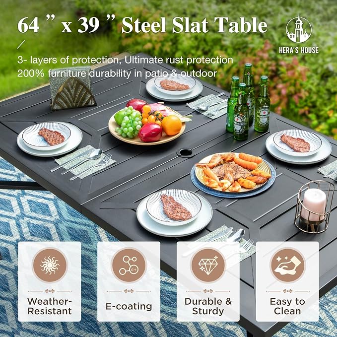 HERA'S HOUSE 7-Piece Patio Dining Set, 6 x Outdoor Rattan Armchair with Removable Soft Cushions and 1 x Rectangular Metal Dining Table, All-Weather Resisitant, Suitable for Lawn, Garden, Backyard