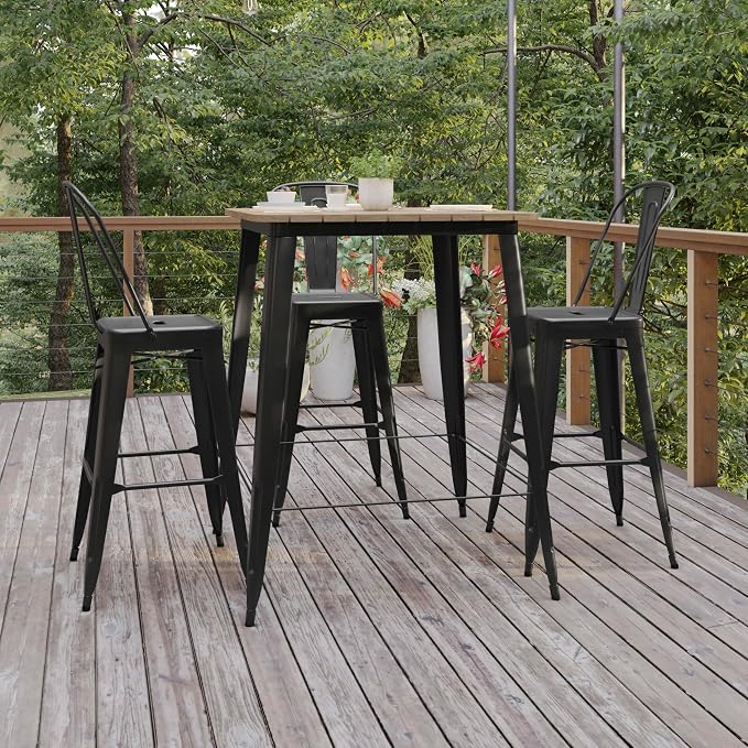 BizChair Commercial Outdoor Dining Table Bar Height, All Weather Poly Resin Top with Steel Base, 31.5" Square, Brown/Black