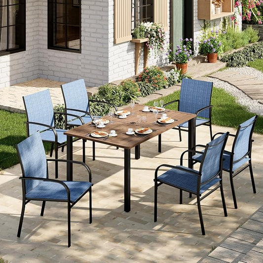 MIXPATIO Patio Table and Chairs Set, Outdoor Dining Set for 6 with Blue Chairs and Teak Color Tabletop Outdoor Dining Table, 7-Piece Patio Furniture Set for Deck Backyard Lawn