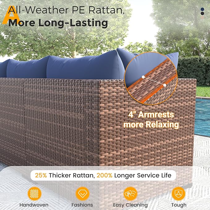 UDPATIO Patio Furniture Set Modular Outdoor Sectional 7 Piece Wicker Patio Set, Multiple Combinations Sectional Sofa w/Coffee Table, Navy Blue
